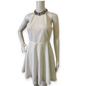 Lulus White Halter Neck Fit Rhinestone Flare Dress - Elegant Women's Party Dress